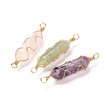 Natural Mixed Gemstone Links Connectors, with Real 18K Gold Plated Eco-Friendly Copper Wire, Double Pointed, Bullet, 49x11mm, Hole: 4mm, 3pcs/set