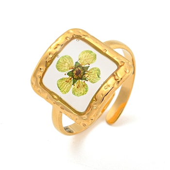 304 Stainless Steel Open Cuff Rings, Plastic and Dried Flower Ring for Women, Golden, Square, Adjustable.