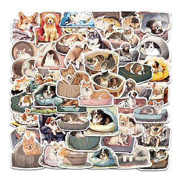 50Pcs Sleepy Dog Cat PVC Waterproof Self-Adhesive Stickers, Cartoon Stickers, for Party Decorative Presents, Mixed Color, 40~70mm