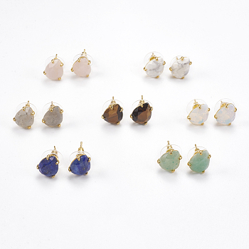 Natural & Synthetic Gemstone Stud Earrings, with Golden Tone Brass Findings, Faceted Teardrop, 13.5~14x10.5mm, Pin: 0.8mm