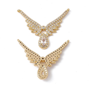 Brass Micro Pave Clear Cubic Zirconia 2-Loop Pendants, Wing with Teardrop Charm, Real 18K Gold Plated, 24x29x4mm, Hole: 0.9mm