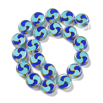 Glass Beads Strands, with Enamel, Flat Round, Blue, 17x7mm, Hole: 1.5mm, about 19pcs/strand, 12.60 inch(32cm)