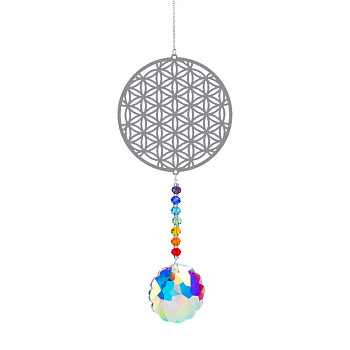 Metal Big Pendant Decorations, Hanging Sun Catchers, Chakra Theme K9 Crystal Glass, Flat Round with Flower of Life, Colorful, 41cm