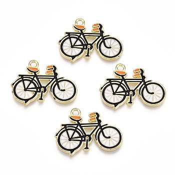 Light Gold Plated Alloy Jewelry Enamel Pendants, Bicycle, Black, Light Gold, 19x25.5x1.5mm, Hole: 1.8mm
