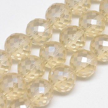 Electroplate Glass Beads Strands, Rainbow Plated, Frosted, Faceted, Round, Blanched Almond, 12mm, Hole: 1.5mm, about 50pcs/strand, 22.05 inch