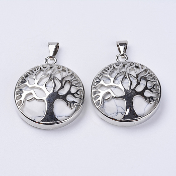 Natural Howlite Pendants, with Platinum Plated Brass Findings, Flat Round with Tree of Life, 31x27x8mm, Hole: 3.5x7mm
