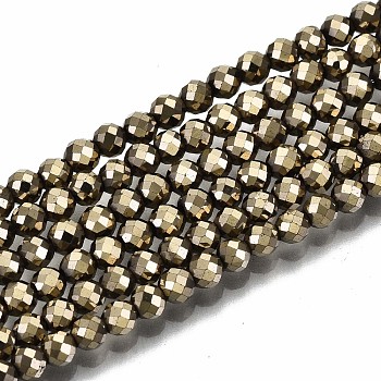 Electroplate Non-magnetic Synthetic Hematite Beads Strands, Round, Faceted, Pale Goldenrod, 3mm, Hole: 0.8mm, about 137~139pcs/strand, 15.55 inch~15.67 inch(39.5cm~39.8cm)