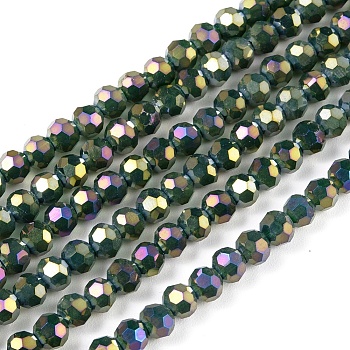Round Full Rainbow Plated Electroplate Glass Beads Strands, Faceted(32 Facets), Green, 4mm, Hole: 1mm, about 90~95pcs/strand, 12.8~13.6 inch(32~34cm)