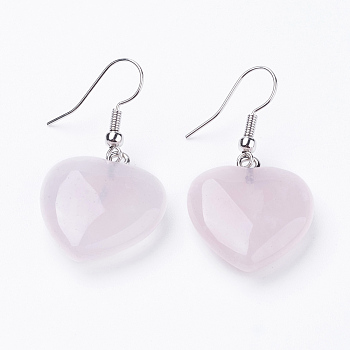 Natural Rose Quartz Dangle Earrings, with Brass Finding, Heart, Platinum, 39~41mm, 19~21x7~8mm, Pin: 0.7mm
