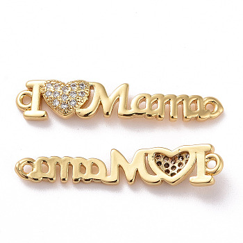 Mother's Day Brass Micro Pave Clear Cubic Zirconia Connector Charms, Word I Love Mama Links, Golden, 28.5x5.5x3.5mm, Hole: 1.2mm