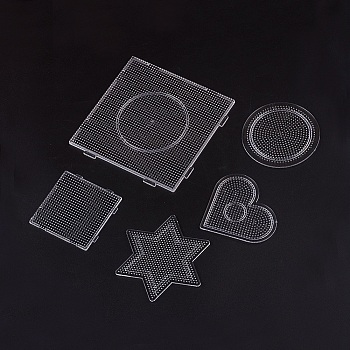 Pegboards for 2.5mm Mini Fuse Beads, Square & Star & Heart & Flat Round, Clear, 75~140x75~140x4.5~6mm, 5pcs/set