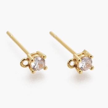Brass Micro Pave Clear Cubic Zirconia Stud Earring Findings, with Silicone Ear Nuts, with Loop, Long-Lasting Plated, Flat Round, Real 18K Gold Plated, 5x3mm, Hole: 0.9mm, Pin: 0.8mm