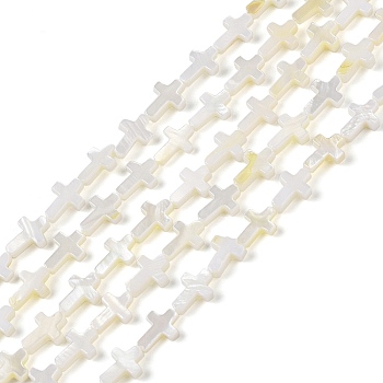 Natural Freshwater Shell Beads Strands, Cross, WhiteSmoke, 10~10.5x7x2.5mm, Hole: 0.5mm, about 38pcs/strand, 15 inch(38.1cm)