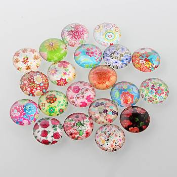 Half Round/Dome Floral Printed Glass Cabochons, Mixed Color, 20x6mm