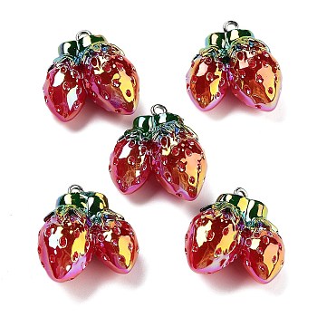 AB Color Resin Pendants, Fruit Charms with Platinum Plated Iron Loops, Strawberry, 25~27x23~23.5x13.5mm, Hole: 2mm
