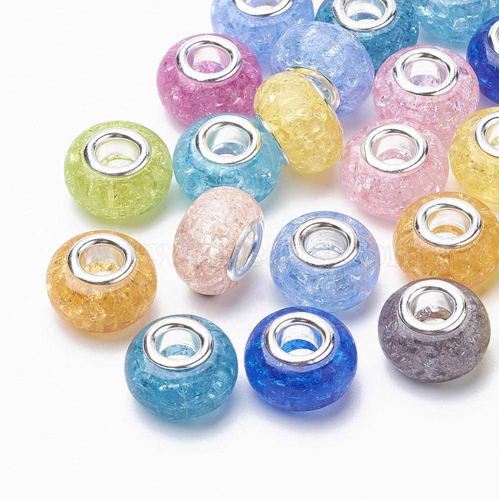 Crackle Resin European Beads, Large Hole Beads, with Silver Color Plated  Brass Cores, Rondelle, Mixed Color, 13.5~14x8.5~9mm, Hole: 5mm