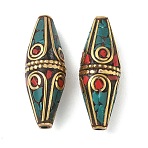 Handmade Tibetan Style Beads, Bicone, Brass Beads, with Synthetic Turquoise, Antique Golden, 39.5~40x14mm, Hole: 1.6mm(KK-Z157-09AG-01)
