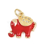 Brass Micro Pave Cubic Zirconia Pendants, with Enamel, Elephant Charms, Long-Lasting Plated, Rack Plating, Lead Free & Cadmium Free, Real 18K Gold Plated, Red, 15x16.5x5mm, Hole: 3.2mm(KK-F938-41G-01C)