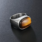 304 Stainless Steel with Natural Tiger Eye Finger Rings for Men, Oval, Stainless Steel Color, Stainless Steel Color, US Size 11(20.6mm)(FS-WG155DB-05)
