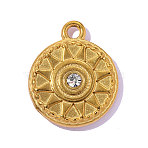 304 Stainless Steel Rhinestone Pendants, Hand Polished Flat Round & Sun Charm, Ion Plating(IP), Long-Lasting Plated, Real 18K Gold Plated, 18x15mm,Hole:2mm(STAS-OY016-34G)