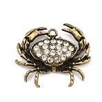 Alloy Rhinestone Pendants, Crab Charms, Antique Bronze, 36x42x9mm, Hole: 3mm(RB-CBA18BA-05AB)
