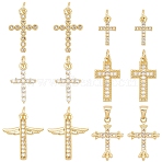 12Pcs 6 Style Brass Micro Pave Clear Cubic Zirconia Charms, with Jump Ring, Cross, Real 18K Gold Plated, 14~21x7.5~15x2.5~2.8mm, Hole: 3.4mm, 2pcs/style(FIND-GA0002-35)
