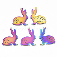 Easter Ion Plating(IP) 201 Stainless Steel Pendants, Etched Metal Embellishments, Rabbit, Rainbow Color, 30x25x0.3mm, Hole: 1.8mm(X-STAS-R114-021)