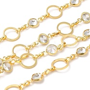 Rack Plating Brass Ring & Flat Round Link Chain, with Cubic Zirconia, Unwelded, Long-Lasting Plated, Lead Free & Cadmium Free, Real 18K Gold Plated, 13x7x3.5mm, 10x1mm(CHC-H105-10G)