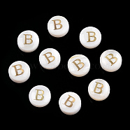 Natural Freshwater Shell Beads, with Golden Plated Brass Etched Metal Embellishments, Flat Round with Letter, Letter B, 7.5~8x4~5mm, Hole: 0.8mm(SHEL-N036-01B)