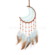 Woven Net/Web with Feather Pendant Decorations, Beaded Hanging Ornaments, Moon, Sky Blue, 500x160mm(MOST-PW0001-135)
