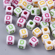 White Opaque Acrylic Beads, Horizontal Hole, Cube with Mixed Color Letter, Letter.D, 5x5x5mm, Hole: 2mm, about 5000pcs/500g(MACR-R869-01D)