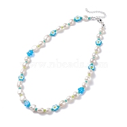 Natural Pearl Beaded Necklace, Handmade Flower Millefiori Glass Beads Necklace for Women, Silver, Deep Sky Blue, 15.94 inch(40.5cm)(NJEW-TA00018-02)