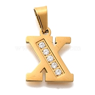 Ion Plating(IP) 304 Stainless Steel Rhinestone Pendants, Letter X, 17~19x10.5~18x2mm, Hole: 6.5x3.5mm(STAS-U035-01G-X)