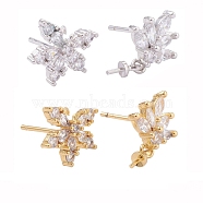 4 Pairs 2 Style Brass Micro Pave Clear Cubic Zirconia Stud Earring Findings, with Cup Pearl Peg Bails, Flower, Platinum & Golden, 15mm, Pin: 0.7mm, 4pairs/box(KK-ZZ0001-06)