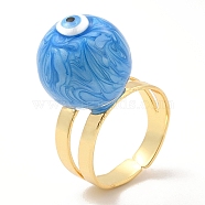 Enamel Round with Evil Eye Beaded Open Cuff Ring, Real 18K Gold Plated Brass Jewelry for Women, Deep Sky Blue, Inner Diameter: 20mm(RJEW-E069-03G-02)