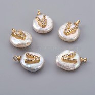 Natural Cultured Freshwater Pearl Pendants, with Micro Pave Cubic Zirconia, Brass Findings, Long-Lasting Plated, Letter, Real 18K Gold Plated, Letter.V, 14~28x9~16x5~9mm, Hole: 1.5mm(PEAR-F008-30G-V)