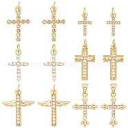 AHADERMAKER 12Pcs 6 Style Brass Micro Pave Clear Cubic Zirconia Charms, with Jump Ring, Cross, Real 18K Gold Plated, 14~21x7.5~15x2.5~2.8mm, Hole: 3.4mm, 2pcs/style(FIND-GA0002-35)