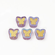 Electroplate Transparent Handmade Lampwork Beads, with Golden Plated Brass Findings, Butterfly, Orchid, 11x11x4mm, Hole: 1mm(LAMP-Q032-04A)