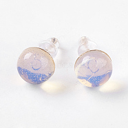 Opalite Ear Studs, with Iron Findings, Half Round, 8x4.5mm, Pin: 0.7mm(EJEW-G223-A14)