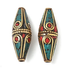 Handmade Tibetan Style Beads, Bicone, Brass Beads, with Synthetic Turquoise, Antique Golden, 39.5~40x14mm, Hole: 1.6mm(KK-Z157-09AG-01)