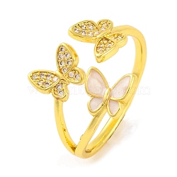 Butterfly Clear Cubic Zirconia Open Cuff Ring, Brass Enamel Finger Rings for Women, Real 18K Gold Plated, US Size 8 1/2(18.5mm)(RJEW-U003-17G)