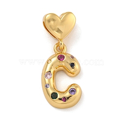 Brass Micro Pave Colorful Cubic Zirconia Pendants, Heart Letter Charms, Real 18K Gold Plated, Letter C, 30.5mm, Hole: 6x3mm, pendant: 21x12x4mm(KK-P281-01G-C)