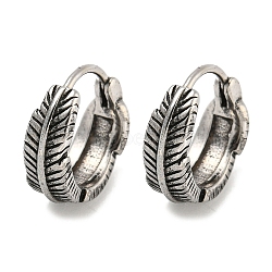 316 Surgical Stainless Steel Hoop Earrings, Feather, Antique Silver, 14x3.5mm(EJEW-D096-12AS-10)