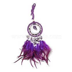 Natural Amethyst Woven Web/Net with Feather Pendant Decorations, with Wood Beads, Covered with Cotton Lace and Villus Cord, 400x70mm(PW-WG69741-01)