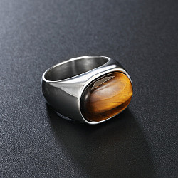 304 Stainless Steel with Natural Tiger Eye Finger Rings for Men, Oval, Stainless Steel Color, Stainless Steel Color, US Size 11(20.6mm)(FS-WG155DB-05)