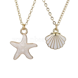 2Pcs Alloy Enamel Shell & Starfish Pendants Necklaces, Brass Cable Chains Necklaces for Women, Real 18K Gold Plated, 16.54 inch~17.72 inch(42~45cm)(NJEW-JN04781)