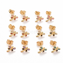 304 Stainless Steel Enamel Stud Earrings, with 316 Stainless Steel Pin, Dragonfly, Mixed Color, 8x8mm, Pin: 0.7mm(EJEW-C019-02)