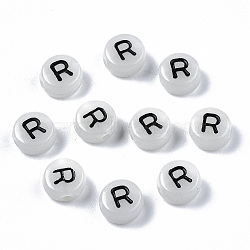 Acrylic Beads, with Enamel and Luminous, Horizontal Hole, Flat Round with Black Letter, Glow in the Dark, Light Grey, Letter.R, 7x3.5mm, Hole: 1.5mm, about 3600~3700pcs/500g(SACR-S273-29R)