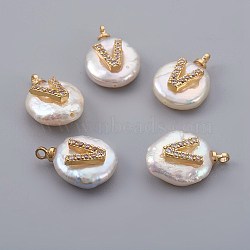 Natural Cultured Freshwater Pearl Pendants, with Micro Pave Cubic Zirconia, Brass Findings, Long-Lasting Plated, Letter, Real 18K Gold Plated, Letter.V, 14~28x9~16x5~9mm, Hole: 1.5mm(PEAR-F008-30G-V)