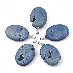 Electroplate Natural Druzy Geode Agate Pendants, with Brass Findings, Oval, Platinum, Steel Blue, 28~29x18.5x7mm, Hole: 4.5x4mm(G-S344-60B-04)